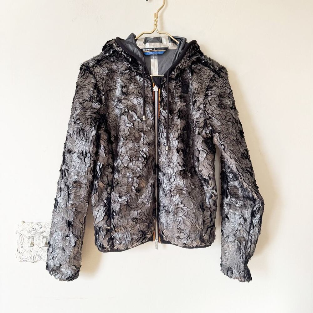 NWOT K-Way Lily Silver Metallic Faux Fur Thermal Zip up Jacket 7 / M Rare!